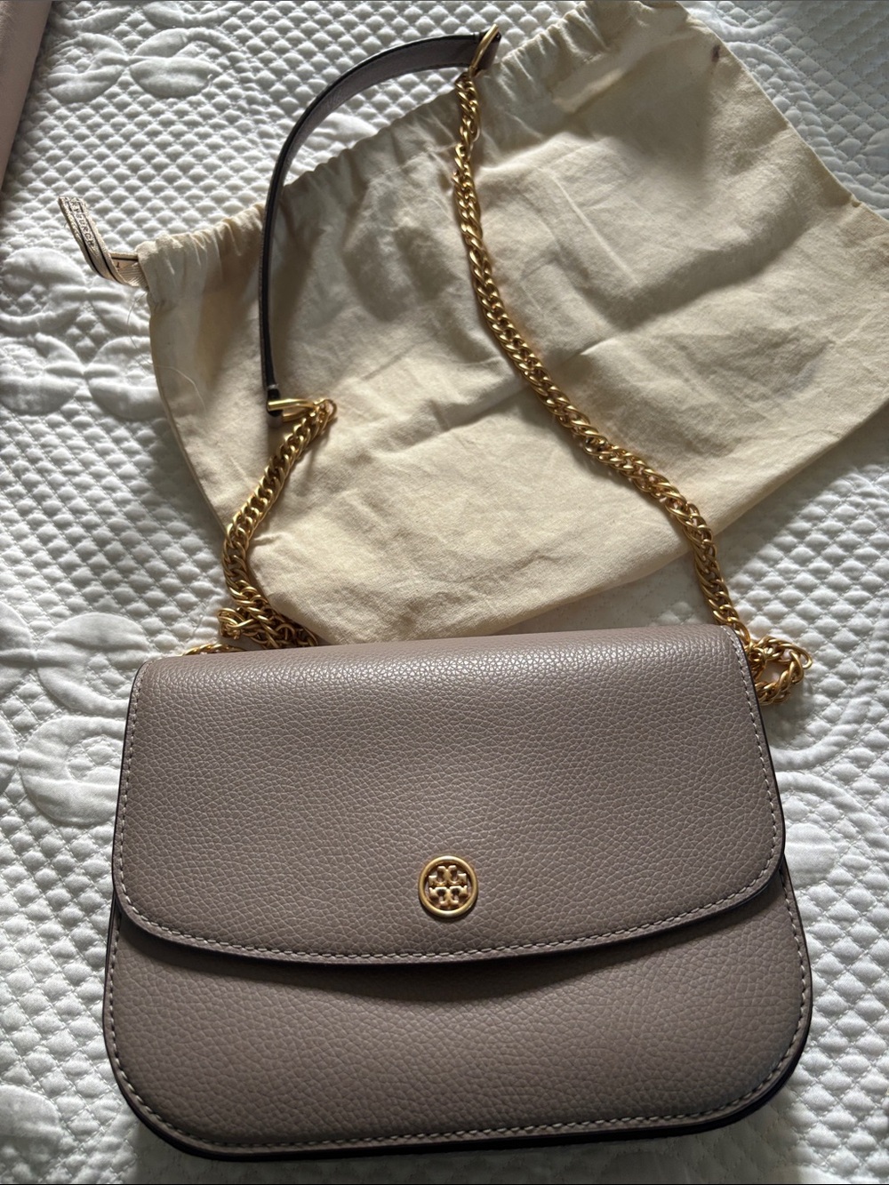 Tory Burch Camera Taupe Pebbled Leather Crossbody with Gold Chain